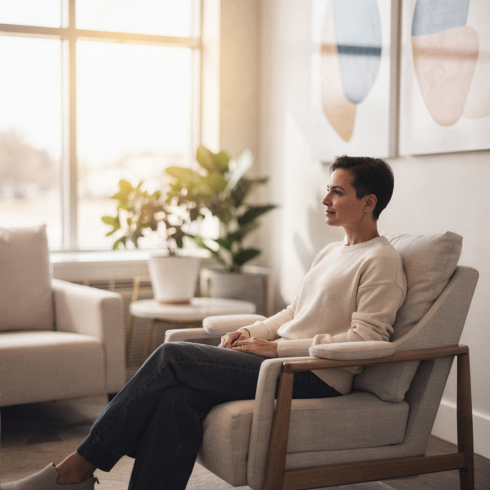 Man relaxing in a modern clinic waiting room with natural light and contemporary décor